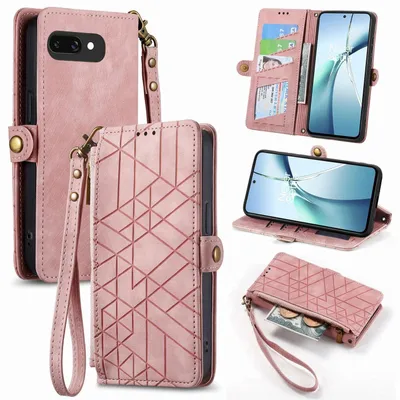 Image de Pour Google Pixel 9a Design géométrique en similicuir Zipper Book Wallet Case avec dragonne Rose