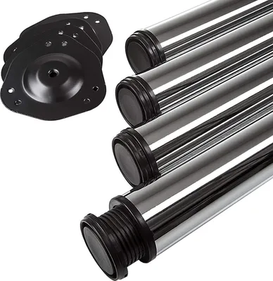 A set of four polished chrome table legs and four black mounting plates are shown against a white background.