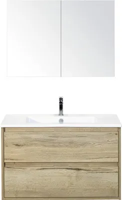 Produktbild von Sanox Badmöbel-Set Porto BxHxT 91 x 170 x 51 cm Frontfarbe eiche natur mit Waschtisch Keramik weiß, Waschtischunterschra