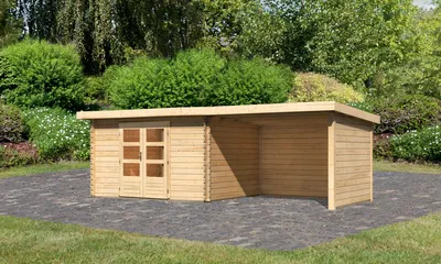 Produktbild von Gartenhaus Blockbohlenhaus Gerätehaus Bastrup 7 im Set mit Anbaudach 3 m breit, 28 mm Seiten - und Rückwand naturbelassen 640x297x222 cm