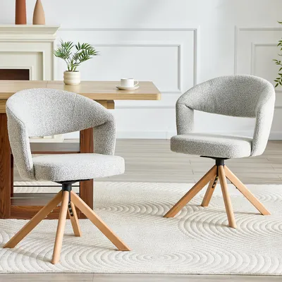Zdjęcie produktu dla Zestaw 2 krzeseł obrotowych, jasnoszary, tapicerka materiałowa, solidne drewno, obrót o 360°, styl retro- wyprofilowane oparcie, tapicerowane, krzesło do jadalni, kolor: szary