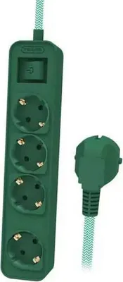 A green power strip with multiple outlets and a plug.