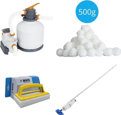 Obrázok produktu pre Bestway - Bazénový vysávač AquaReach & čerpadlo pieskového filtra 5678 L/u & 500 g filtračných guličiek & čistiaca kefa WAYS