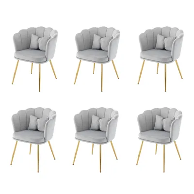 Six light gray velvet chairs with gold legs are arranged in two rows of three on a white background.