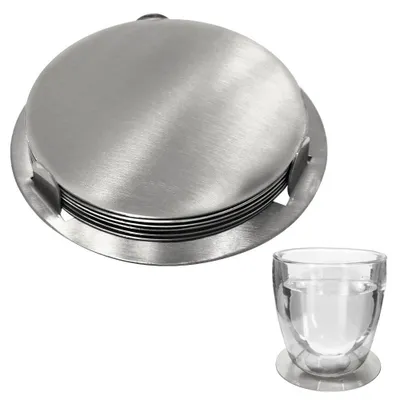 Produktbild von Excellent Houseware Untertassen Untersetzer Coaster für Becher Gläser aus Stahl mit Ständer in Silberfarbe 6 Stück Set