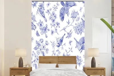 Produktbild von Blumen - Fototapete Vögel - Blau - Breit 145 cm x Höhe 220 cm