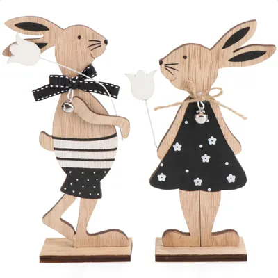 Produktbild von COM-FOUR® 2x Deko Aufsteller für Ostern - Osterhasen-Paar mit Blume - Zwei Osterhasen zum Hinstellen - Osterdekoration aus Holz