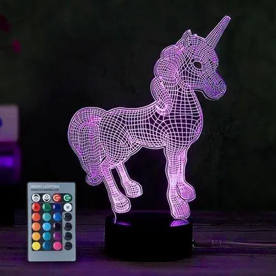 Obrázok produktu pre Svietiaca jednorožec 3D LED nočná lampa s diaľkovým ovládaním, USB kábel, 7 farieb, dekoratívna detská lampa