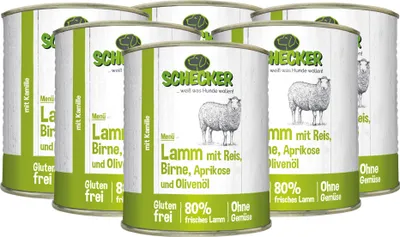 Produktbild von 6 x 820 g -  Schecker Hundemenü Nassfutter - Lamm mit Reis, Birne, Aprikose und Olivenöl