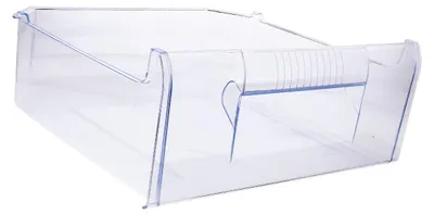 A clear plastic drawer, likely for a refrigerator or freezer, against a white background.