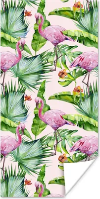 Produktbild von MuchoWow® Poster Flamingo - Pflanzen - Muster 60x120 cm - Wandschmuck