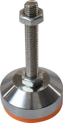 A single adjustable foot for machinery, made of metal with an orange rubber base.
