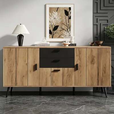 Imagen del producto de Mueble aparador moderno con aspecto de madera, aparador de 140 cm con 3 puertas, 2 cajones, fabricado en MDF, color  y color madera, dimensiones: 140x35x67 cm
