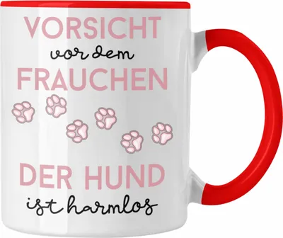Produktbild von Trendation - Frauchen Tasse Geschenk Hunde Geschenkidee Lustig Vorsicht Vor Frauchen Der Hund Ist Harmlos Spruch (Rot)