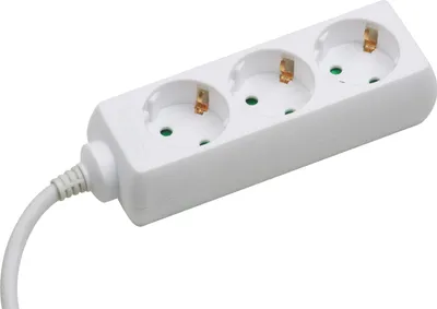 A white power strip with three outlets and a white cable is shown against a white background.