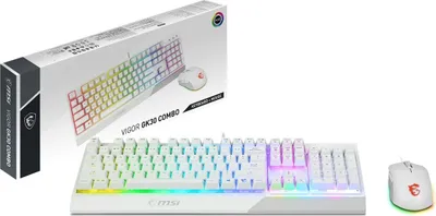 A white MSI Vigor GK30 keyboard and mouse combo, with the product packaging in the background.