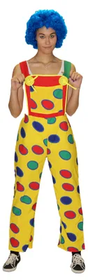 Produktbild von Clownkostüm Damen Latzhose – Gelbe Clown-Hose mit bunten Punkten – Lustiges Karnevalskostüm für Frauen – Fasching, Mottoparty – Größen S bis XXXL, Größe:L/XL