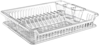 A clear plastic dish drying rack with a separate drip tray.