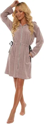 Produktbild von FOREX Lingerie kuscheliger und moderner Damen Bademantel, mit Reißverschluss, Kapuze & Taschen, beige-meliert, Gr. S