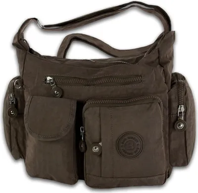 A brown nylon handbag with multiple pockets and zippers.