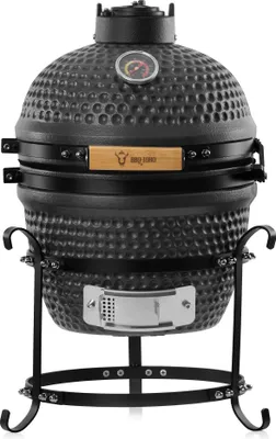 A black ceramic kamado grill on a black metal stand, shown against a white background.