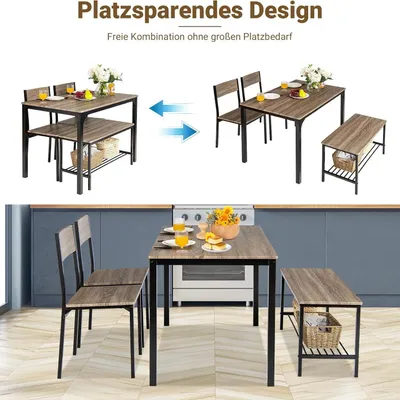 Produktbild von Esszimmer-Set, 4-teilig – Esstisch mit Stühlen – Bank mit Stauraum – Industrielles Esszimmer-Set – Grau