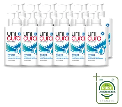Imagen del producto de 12 unidades de jabón líquido hidratante Unicura Hydra, 250 ml, pack grande