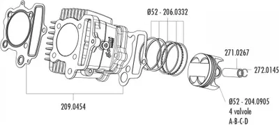 Immagine prodotto di Kit pistoni Polini, 107 cc, alesaggio 52 mm, compatibile con motori A 4 V, adatto per minimoto Polini