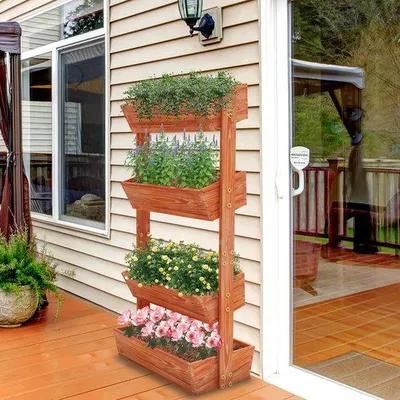 Image de Jardin vertical Famanu à 4 niveaux - Étagère à pots de fleurs avec échelle amovible - Plateaux réglables - 65 x 140 cm - Bois
