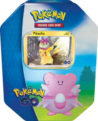 A Pokemon GO trading card game tin featuring Pikachu and Blissey.