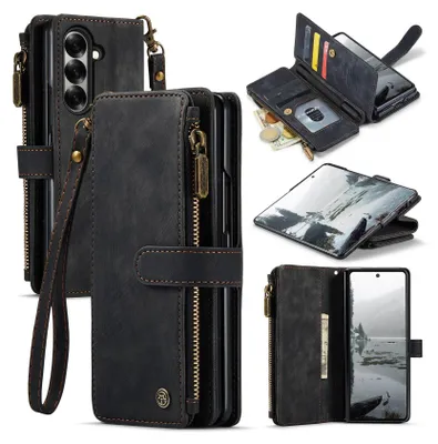 A collage of images showcasing a black leather wallet-style phone case with a zipper and card slots, demonstrating its features and different angles.