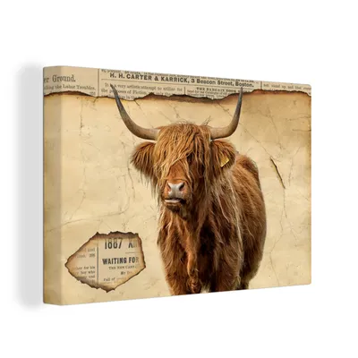 Produktbild von OneMillionCanvasses® - Leinwandbilder - 150x100 cm, Schottisches Hochlandrind - Retro - Zeitungsartikel, Wandbilder Wohnzimmer Hochland Rind - Tier Wanddekoration - Hochland Rind - Kuh - Gemälde auf