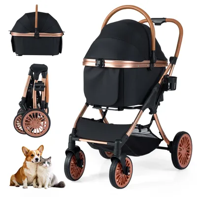 Zdjęcie produktu dla COSTWAY 3 w 1 wózek dla psa, składany wózek dla psa do 25 kg, wózek dla kota z wyjmowaną skrzynką transportową, osłoną przeciwsłoneczną, koszykiem i uchwytem na kubek, czarny