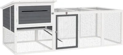 Produktbild von PawHut Hühnerstall für draußen mit Haus, Brutnest, wasserdichtem Dach, abnehmbarem Tablett und Türen, Hühnerauslauf aus Holz für 2–4 Hühner und Kaninchen, 214 x 101 x 91,5 cm, grau