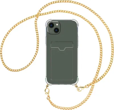 Produktbild von Handykette Backcover-Schutzhülle mit Band (Metall goldfarben) für Apple iPhone 15 Plus - goldfarbene Kette