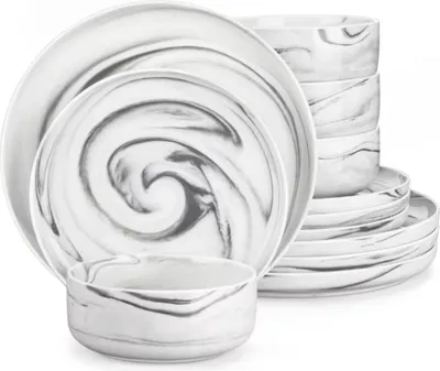 Produktbild von Gilded Tafelservice – 4-Personen-Set – 12-teilig – Grau Marmor – Keramik – Essteller – Kleine Teller