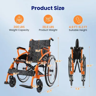 Produktbild von Transportrollstuhl - Faltbarer Rollstuhl - Tragbar - Verstellbare hochklappbare Armlehnen - Wegschwenkbare Beinstützen - Orange