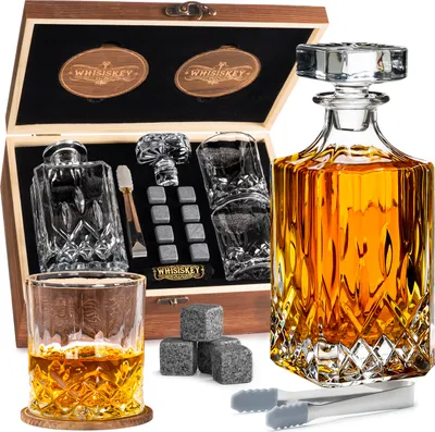 Produktbild von Whisiskey – Whisky Karaffe Set - Whiskey Geschenke für Männer – Whiskygläser - Dekanter 700ML, Holzbox, Whiskey Gläser, Steine & Zubehör