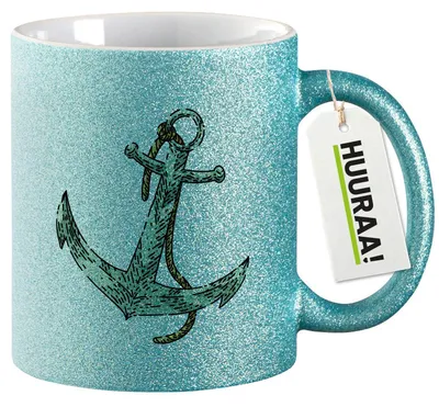 Produktbild von Huuraa Glitzertasse Anker Anchor 330ml Blau Keramik Kaffeebecher Geschenkidee