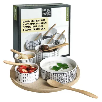 Moritz & Moritz Bambusbrett mit 4 gemusterten Keramikschalen und 4 Bambuslöffeln – stilvolles Servier-Set für Snacks, Tapas & Dips