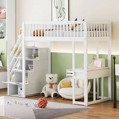 Produktbild von STILVORA Hochbett 90×200 cm mit Multifunktionstisch, Kinderbett mit sicherer Aufbewahrungstreppe, Jugendbett aus massivem Kiefernholz, Weiß