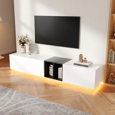 Immagine prodotto di MODFU Mobile TV semplice Panca TV con vani a giorno, lavagna con cassetti di chiusura, in bianco e nero a contrasto