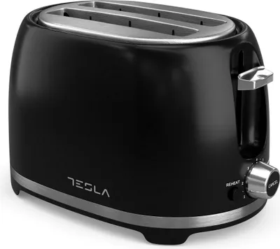 A black Tesla toaster shown from a three-quarter angle on a white background.