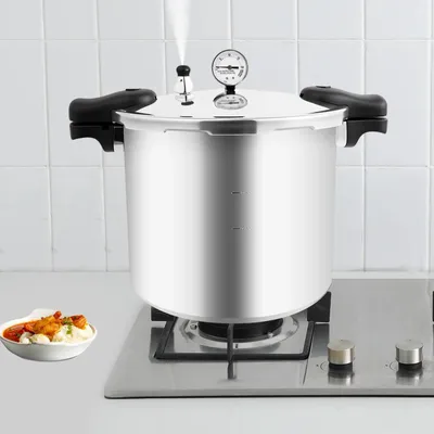 Image de Autocuiseur - 22 l en alliage d'aluminium - Pression de service de 90 kPa - Couvercle extérieur -manuelle et manomètre - 32 × 28 cm - Argent