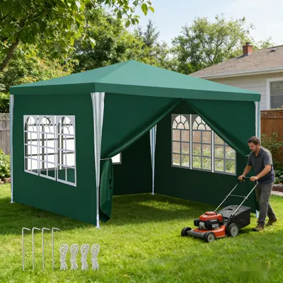 Image de Tente de jardin Eikuavons, 3x3 mètres, avec fenêtres et parois latérales, pavillon étanche pour événements en extérieur, couleur verte