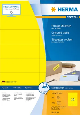 Obrázok produktu pre HERMA Special - papier - matný - permanentne samolepiaci - žltý - 105 x 37 mm 1600 štítkov (100 listov x 16)