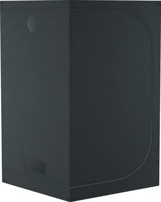 A dark gray grow tent is shown from a three-quarter angle.