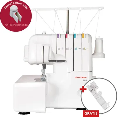 A white overlock sewing machine is shown against a white background. It has thread spools on top and a free arm extension. There are promotional overlays on the left and right sides of the image.