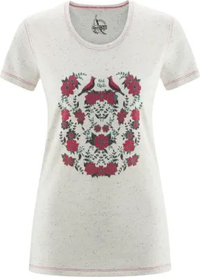 Weißes T-Shirt mit floralem Muster in Rot und Schwarz; von RedChili; für Damen.