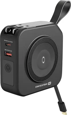 A black power bank with a strap and a charging cable attached, shown from a diagonal angle.